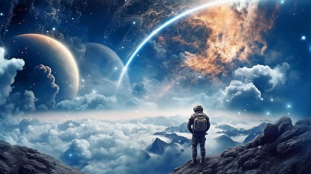 Standing on a planet an astronaut looks up into the vast cosmos using Generative AI