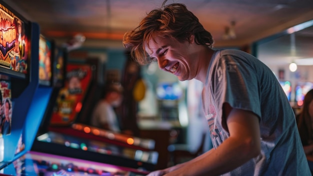 Photo standing playing a standup arcade game he has a happy and smiling expression that shows his teeth