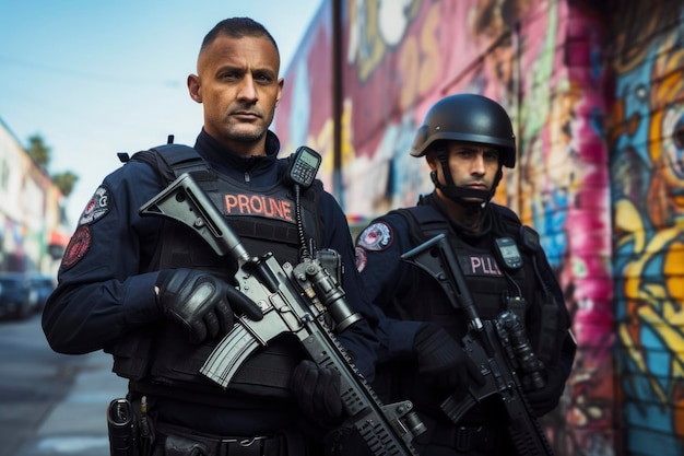 standing police patrolling in the streets