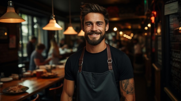 Standing in a restaurant kitchen a young chef in an apron smiles while keeping his tattooed arms crossed GENERATE AI