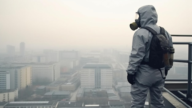 Standing on the roof of a tall building in the early mist a scientist with protective gear and a gas mask considers significant environmental issues and their impact on people's lives