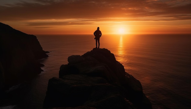 Standing silhouette back lit by serene sunset generated by AI