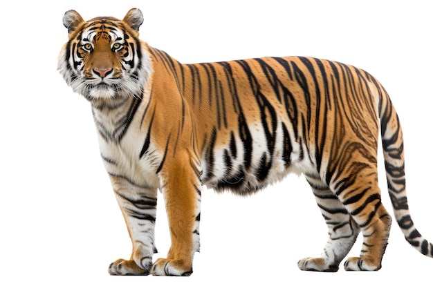 Photo standing tiger cutout isolated on white and transparent png background