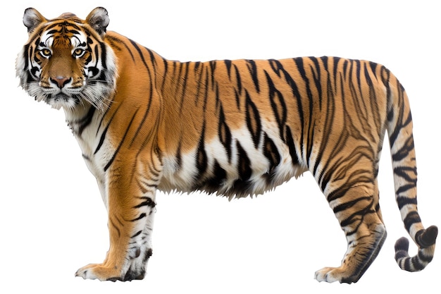 Photo standing tiger cutout isolated on white and transparent png background