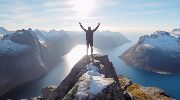 Standing on top of mountain peak success achieved background