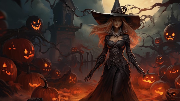 A standing witch surrounded by Halloween pumpkins in the forest