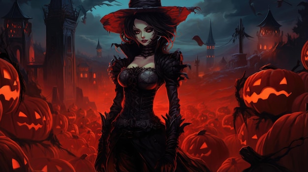 A standing witch surrounded by Halloween pumpkins in the forest