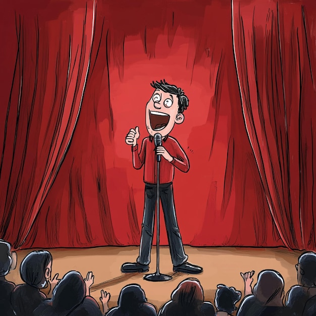 Photo a standup comedian on stage with a microphone and a laughing crowd