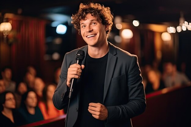 Photo standup show young comedian performing his standup monologue caucasian male on a night club stage