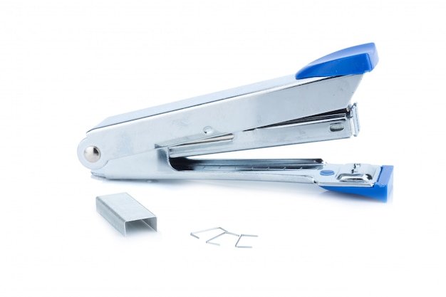 Photo stapler steel color  blue and staples  isolated on white background