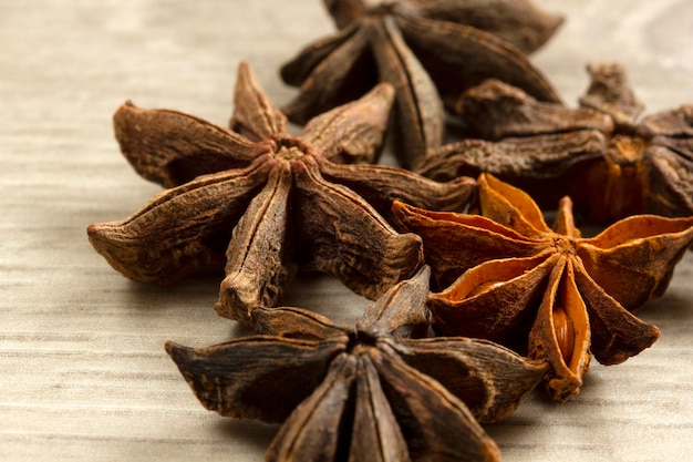 Star anise exotic spice on a wooden table