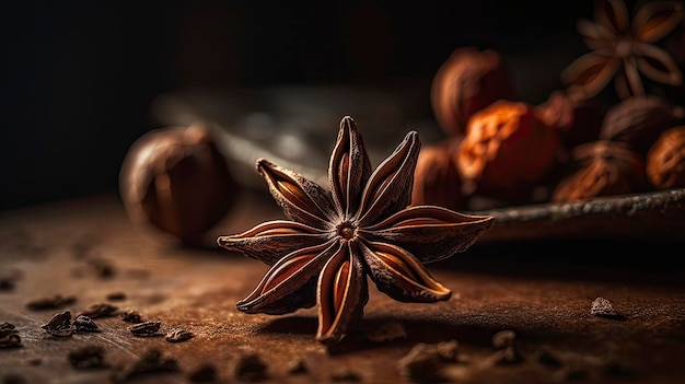 A star anise is on a table with nuts and a plate of nuts.