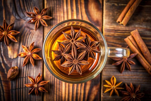 star anise in tea glass vibrant top view on wooden and cinnamon background