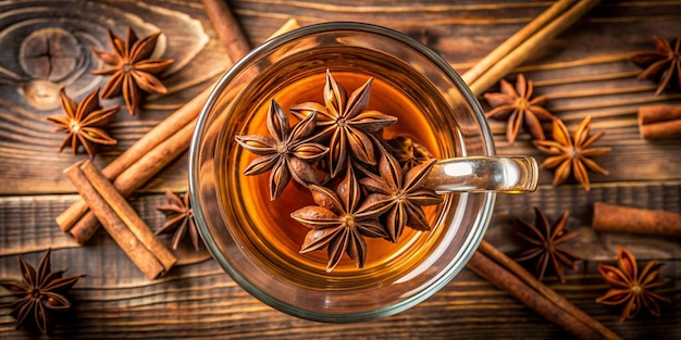 star anise in tea glass vibrant top view on wooden and cinnamon background