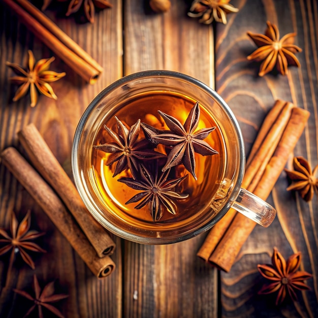 star anise in tea glass vibrant top view on wooden and cinnamon background