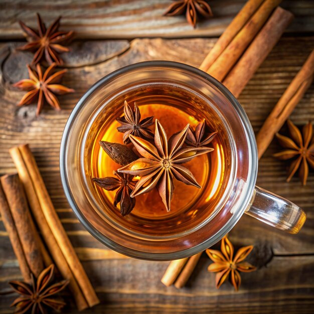 star anise in tea glass vibrant top view on wooden and cinnamon background