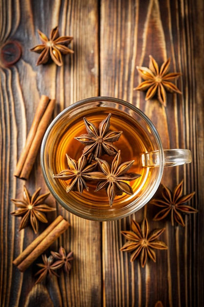 star anise in tea glass vibrant top view on wooden and cinnamon background