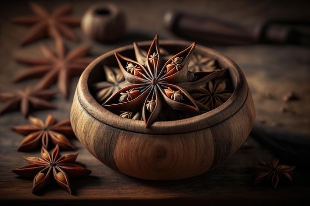 Star anise in a wooden bowl on the table close up