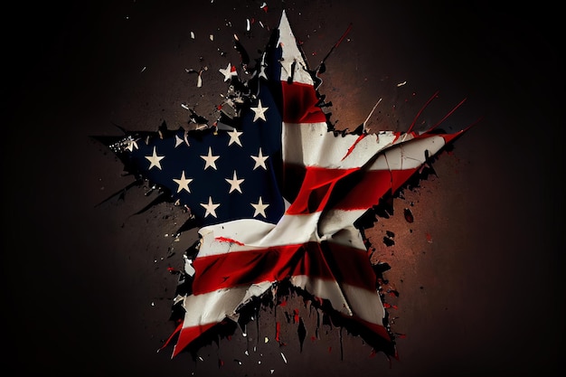 Star in the colors of the American flag with torn edges on black background Generative Ai