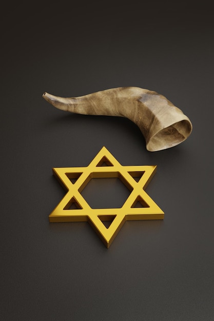 Star of David and shofar on dark background Yom kippur concept 3d illustration