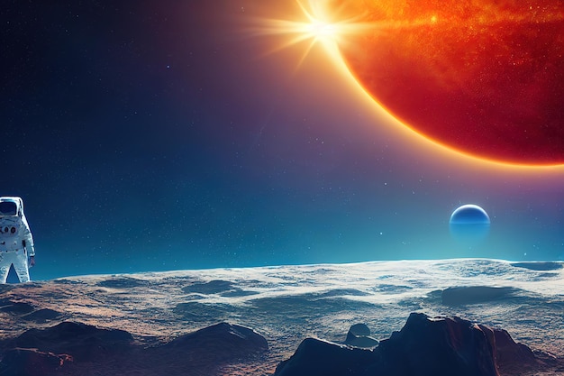 Star eclipse Exoplanets and astronauts in deep space Science fiction 3d render Raster illustration