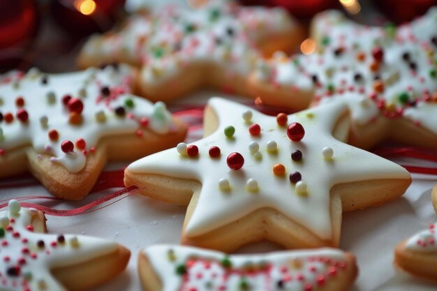 Photo star shaped christmas cookies covered in white icing and sprinkles resting on a table