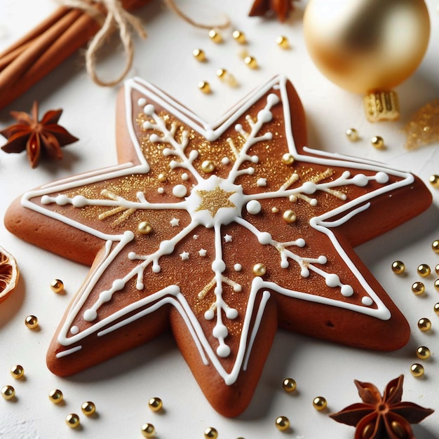 a star shaped cookie with gold decorations and a gold star