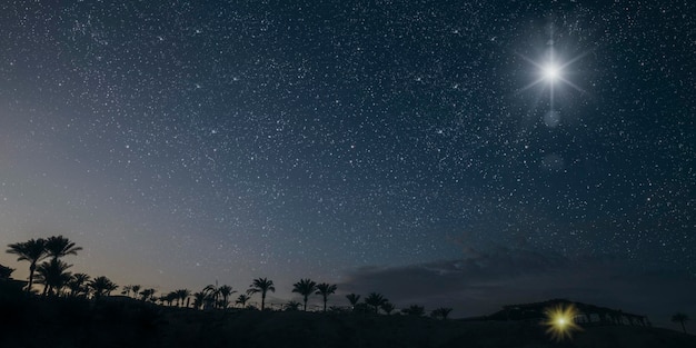 The star shines over the manger of christmas of Jesus Christ. panorama