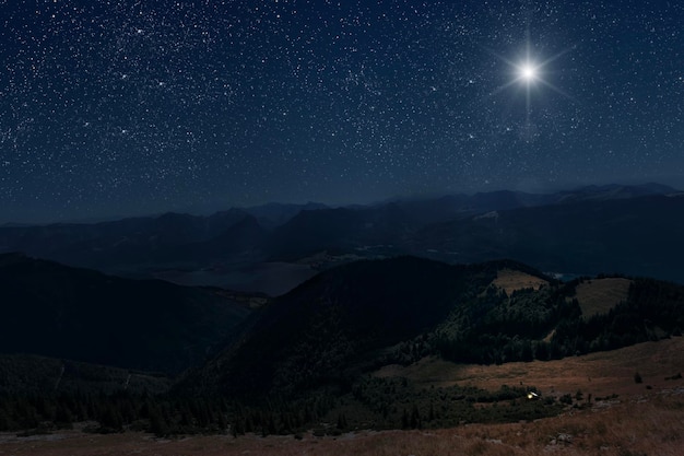 The star shines over the manger of christmas of Jesus Christ