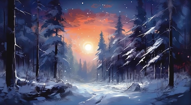 the star shining in the snow forest in the style of blurred landscape