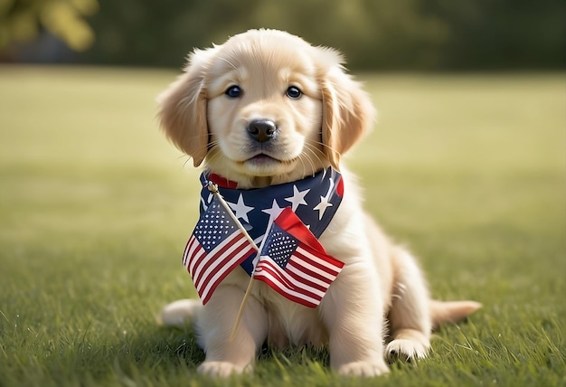 Star Spangled Puppy Golden Retriever with Flag