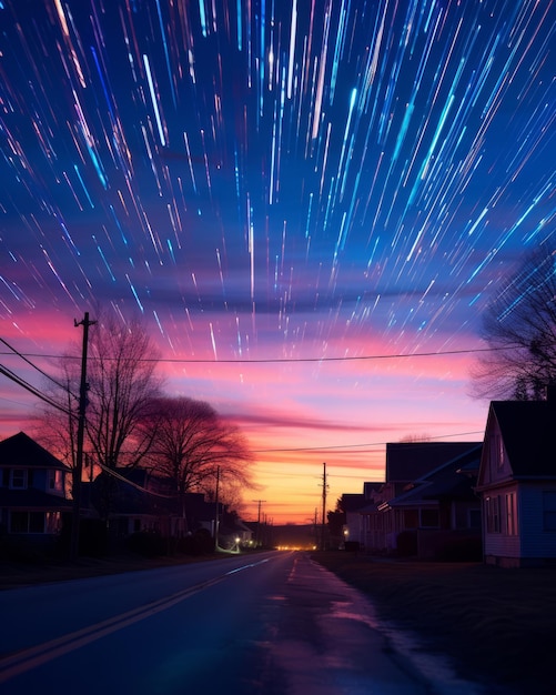 star trails in the sky over a residential street