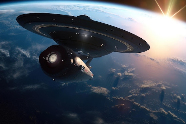 A star trek ship flies over the earth.