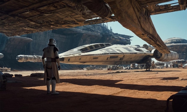 a star wars character is standing in front of a plane