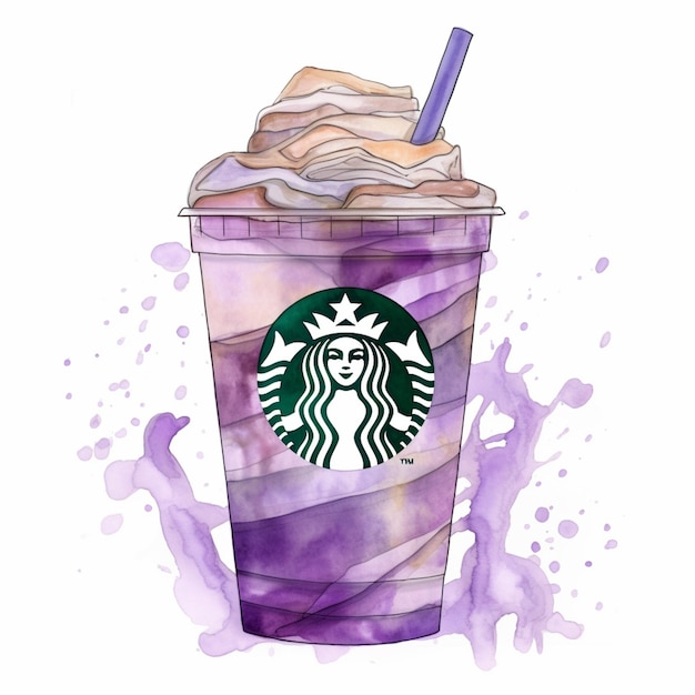 Starbucks iced coffee with whipped cream and a purple swirl generative ai