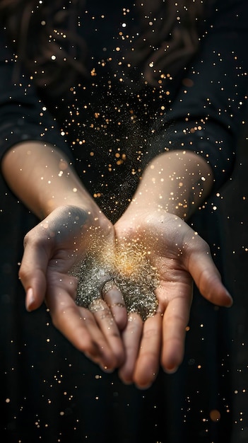 Photo stardust and magic in woman hands on dark background