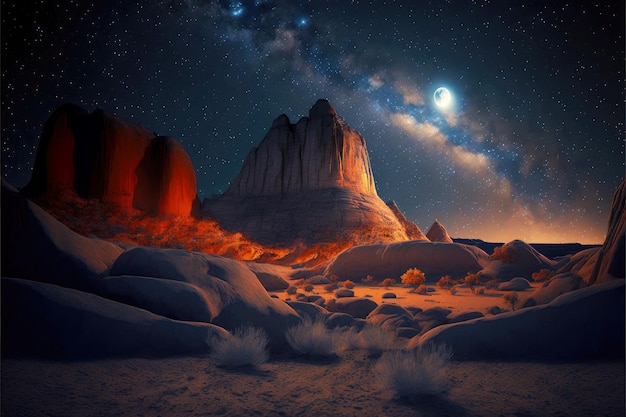 Starfall night in desert over rocky cliffs surrounded by driedup land