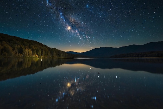 Starfield reflected in a calm lake at night