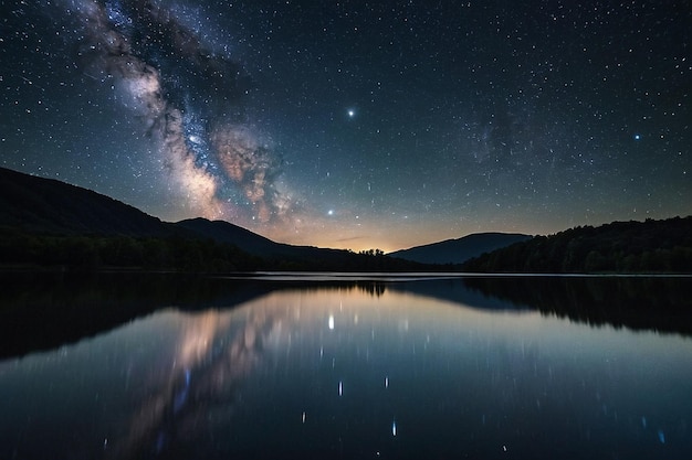 Starfield reflected in a calm lake at night