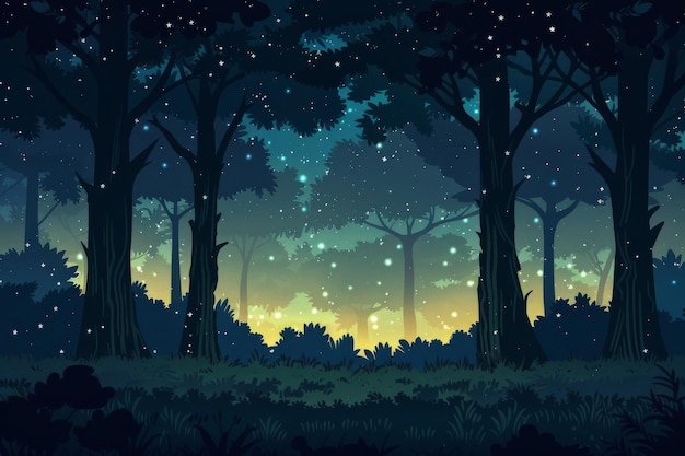 Starfilled sky and fireflies in the forest