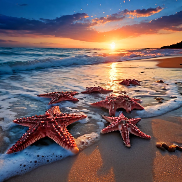 starfish are laying on the beach and the sun is setting