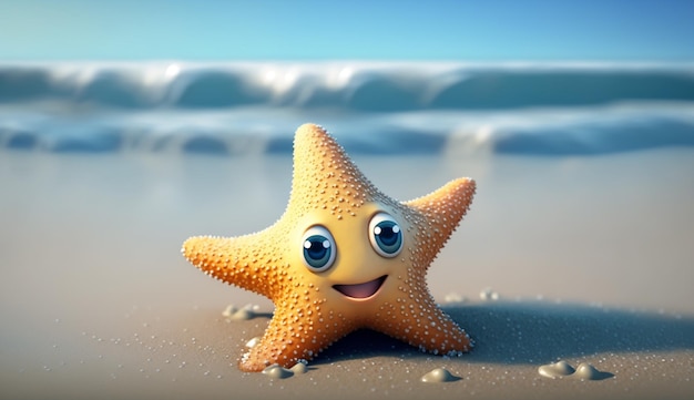 A starfish on the beach with a blue background