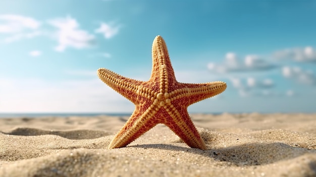 A starfish on the beach with a blue sky in the background