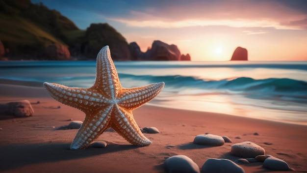 starfish on a beach with rocks in the background