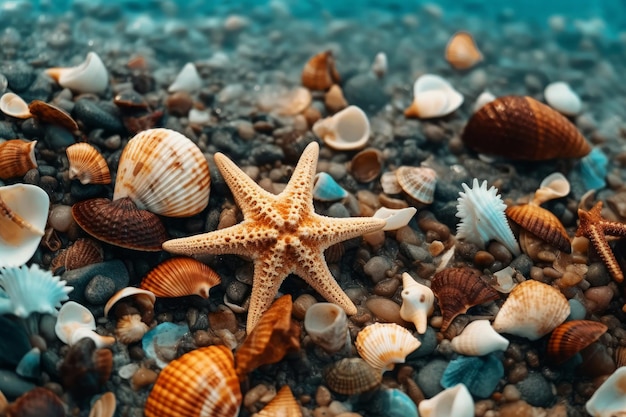 Starfish on the beach with shells