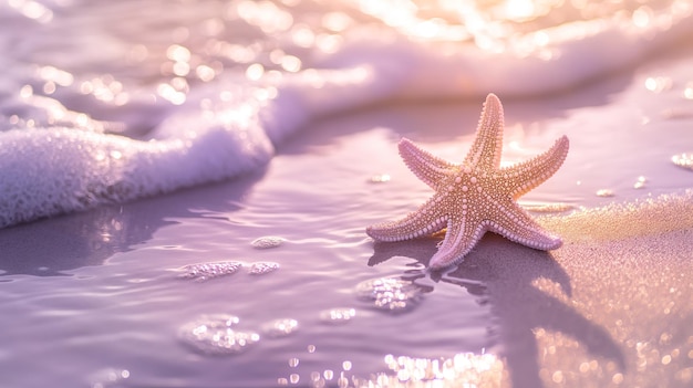 Starfish on the beach with waves perfect for themes of ocean life summer and tranquility