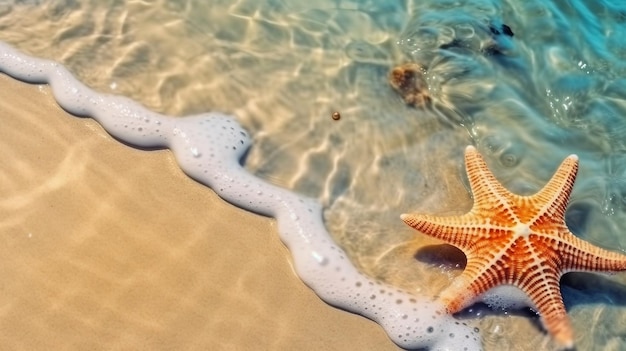 Starfish on the beach with waves and starfish