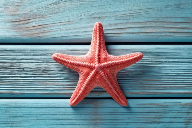 A starfish on a blue wooden background