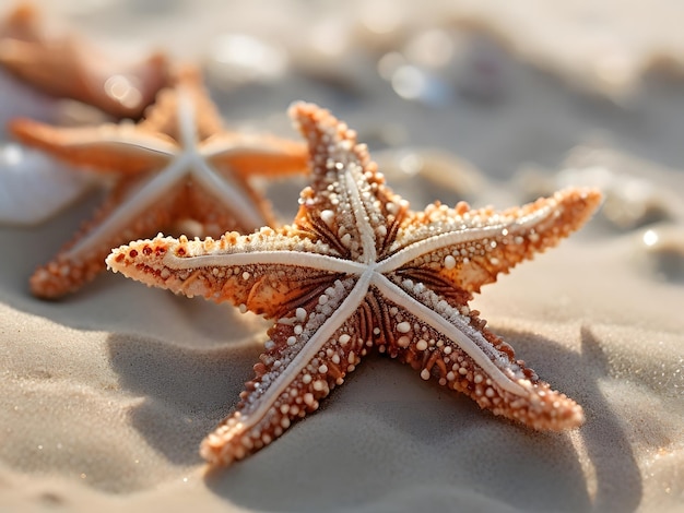 a starfish is laying on a beach sand with the sun shining on them