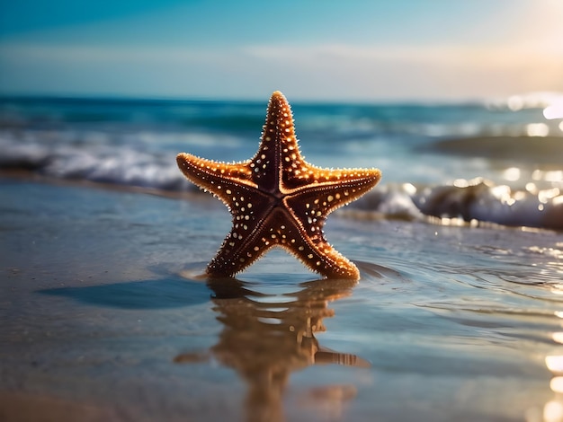 a starfish is laying in the water on a beach